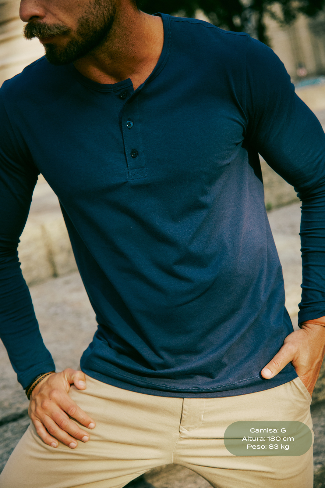 Henley Fio Egípcio Manga Longa - Azul Marinho