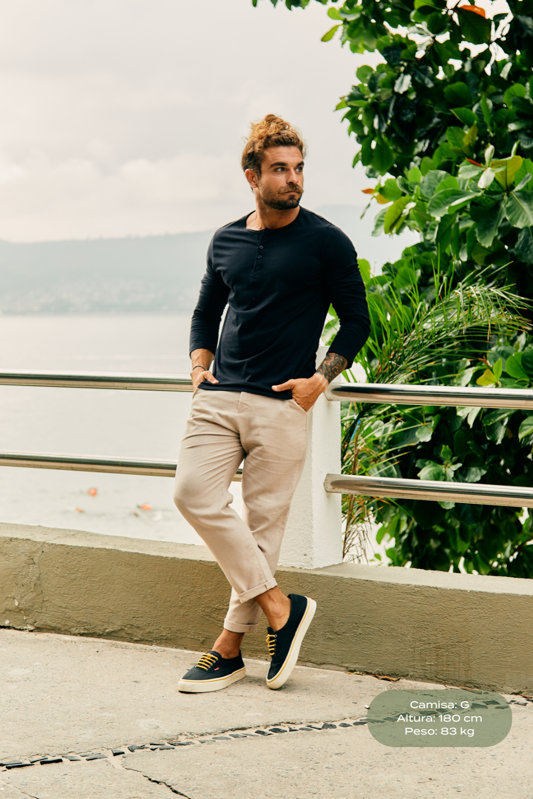 Henley Fio Egípcio Manga Longa - Preta