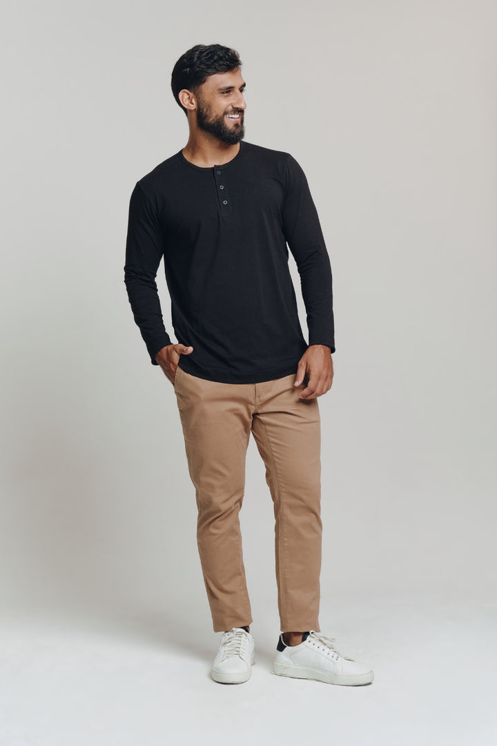 Henley Fio Egípcio Manga Longa - Preta