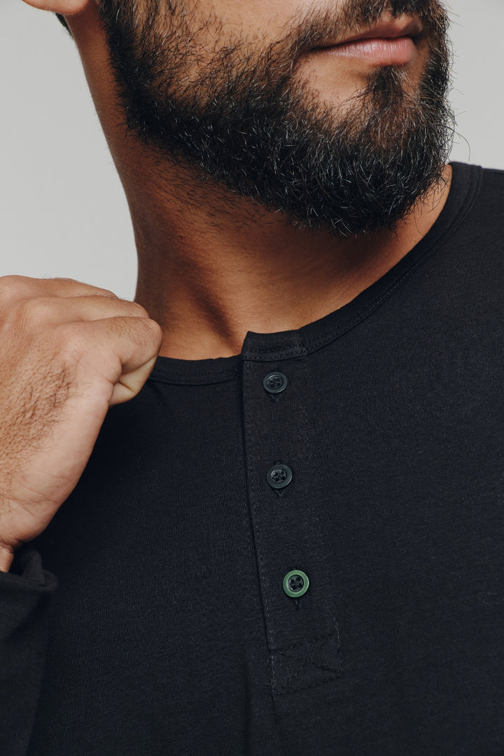 Henley Fio Egípcio Manga Longa - Preta