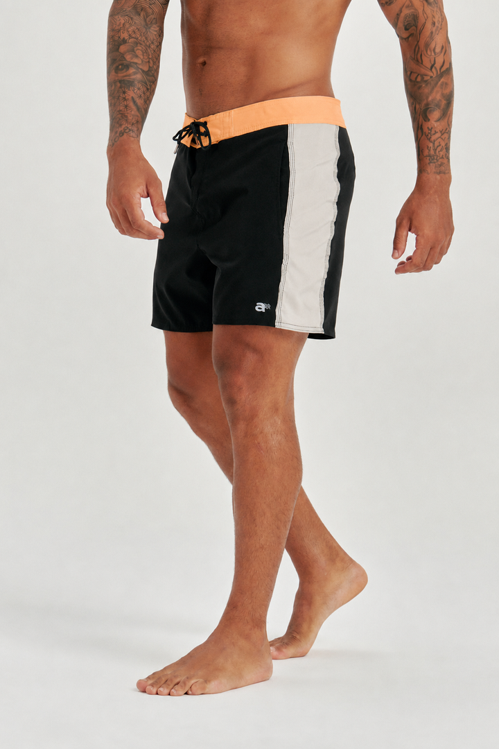Boardshort Retro Faixa Lateral -  Preto | Laranja