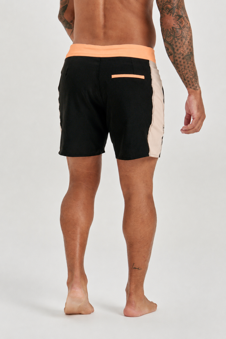 Boardshort Retro Faixa Lateral -  Preto | Laranja
