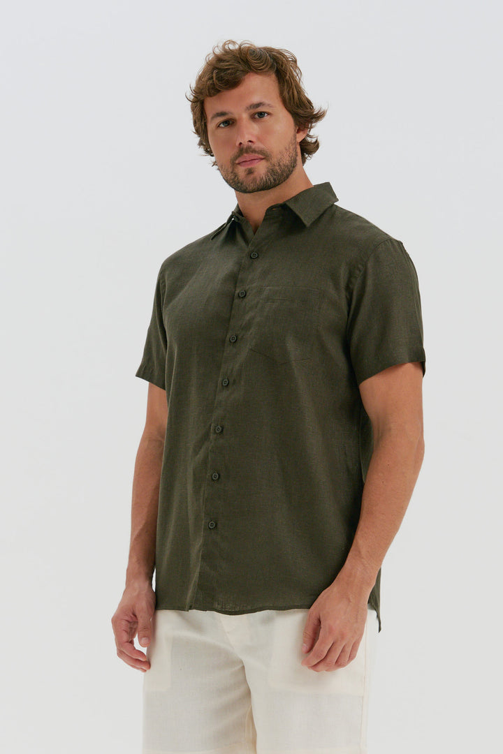 Camisa Puro Linho Manga Curta - Verde Profundo