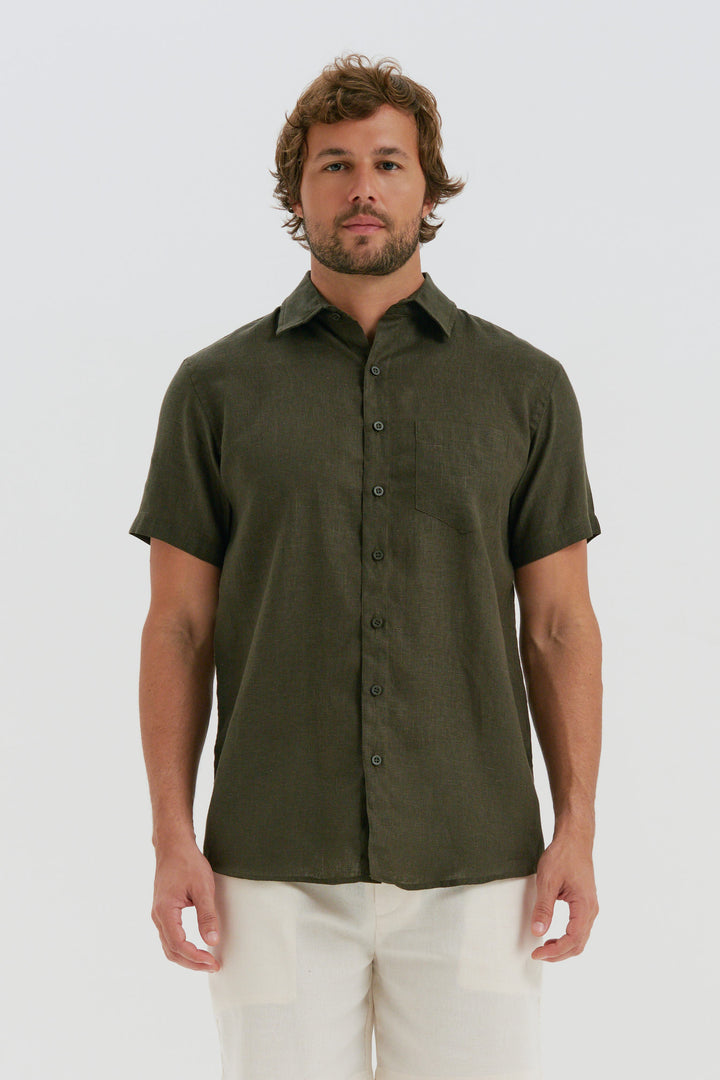 Camisa Puro Linho Manga Curta - Verde Profundo