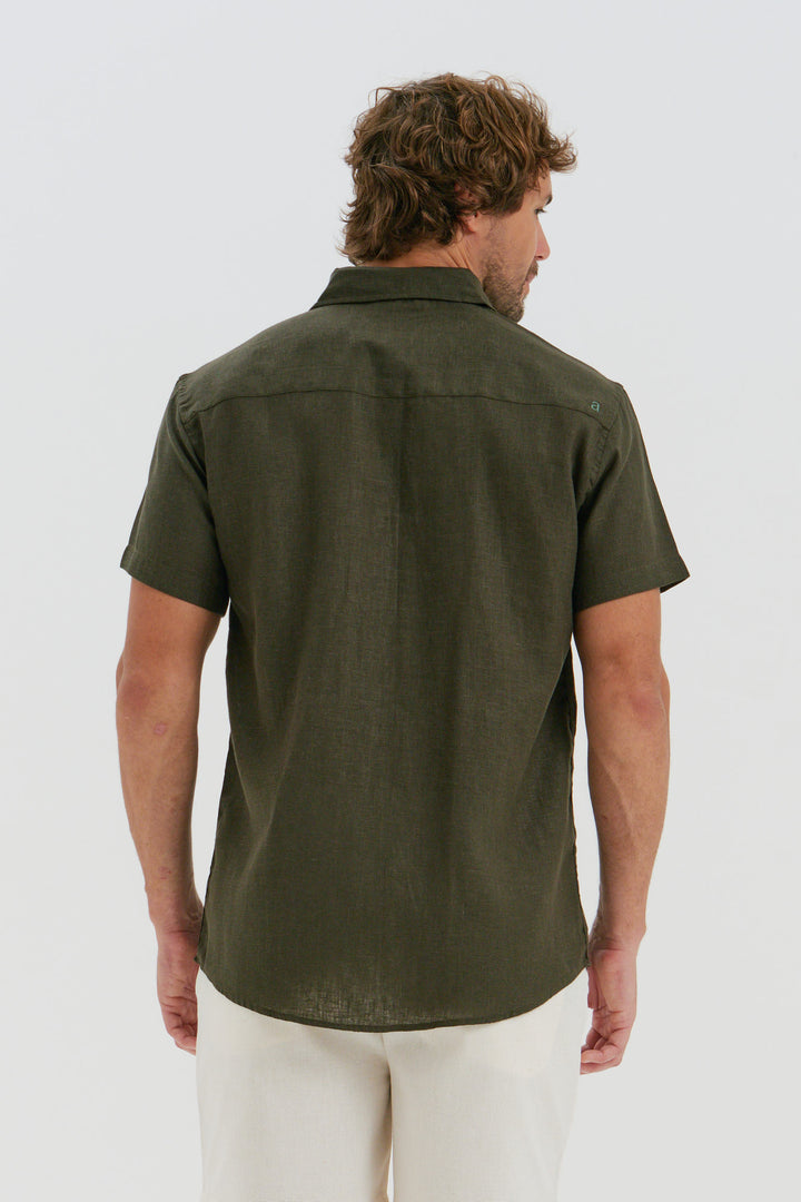 Camisa Puro Linho Manga Curta - Verde Profundo