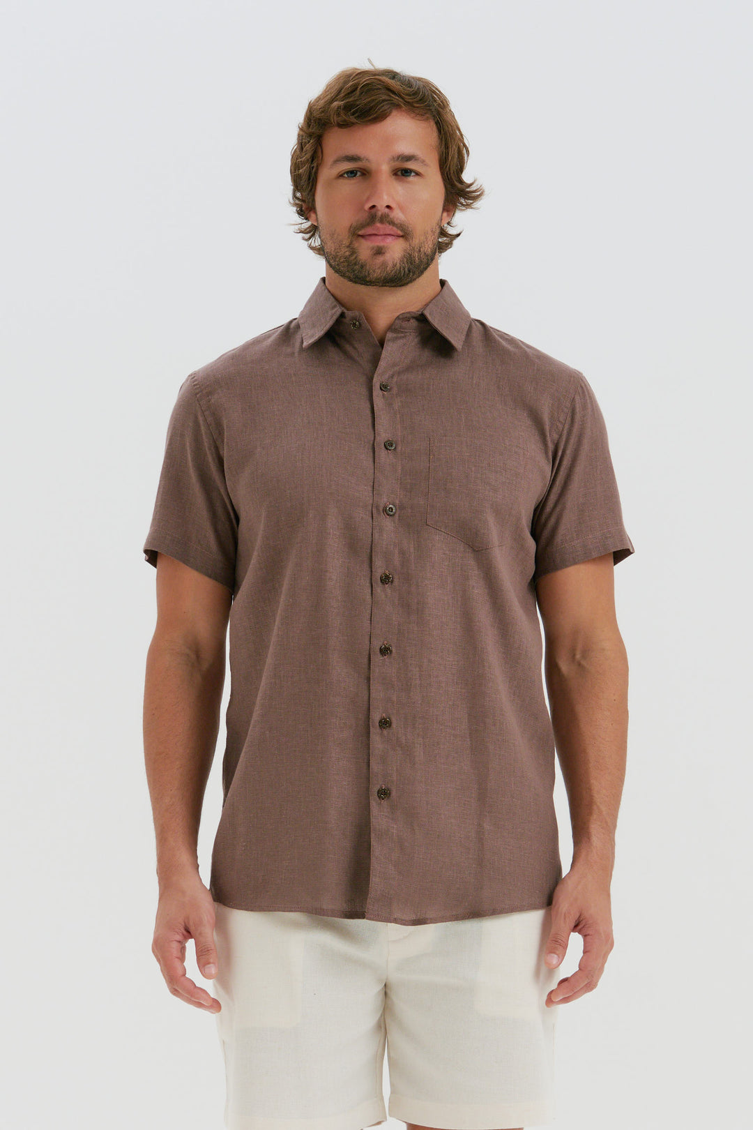 Camisa Puro Linho Manga Curta - Marrom