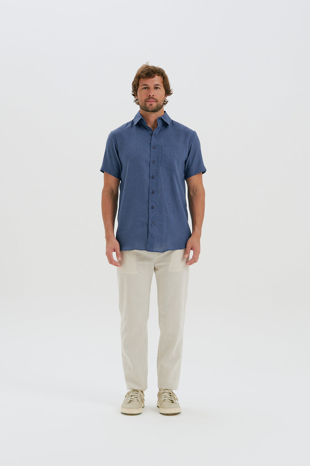 Camisa Puro Linho Manga Curta - Azul Milano