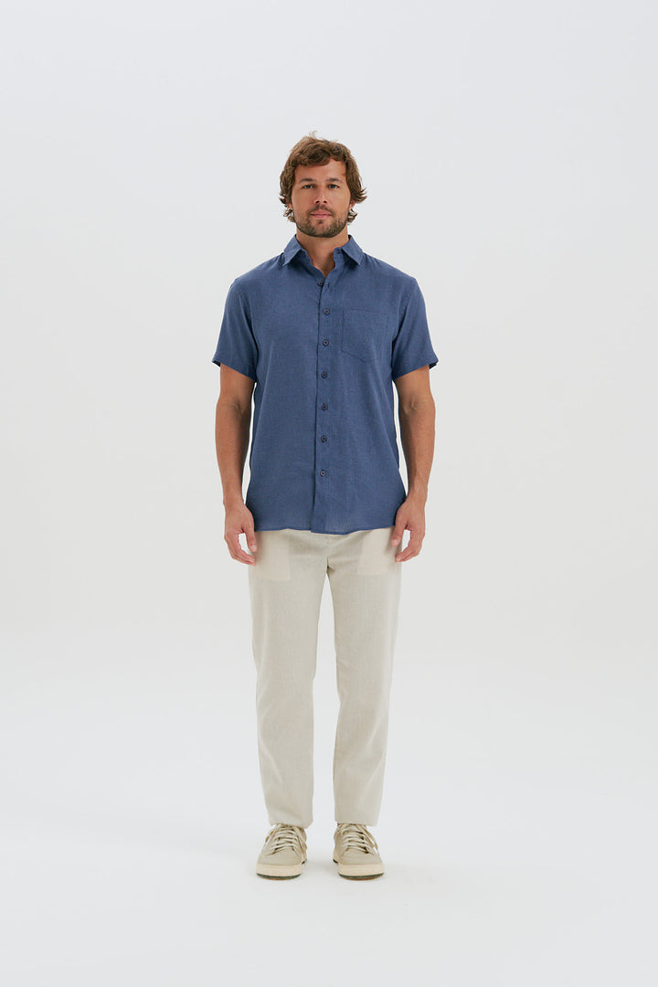 Camisa Puro Linho Manga Curta - Azul Milano