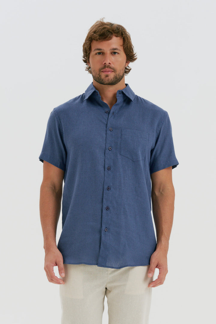 Camisa Puro Linho Manga Curta - Azul Milano