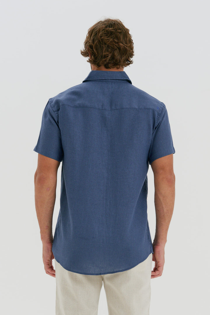Camisa Puro Linho Manga Curta - Azul Milano