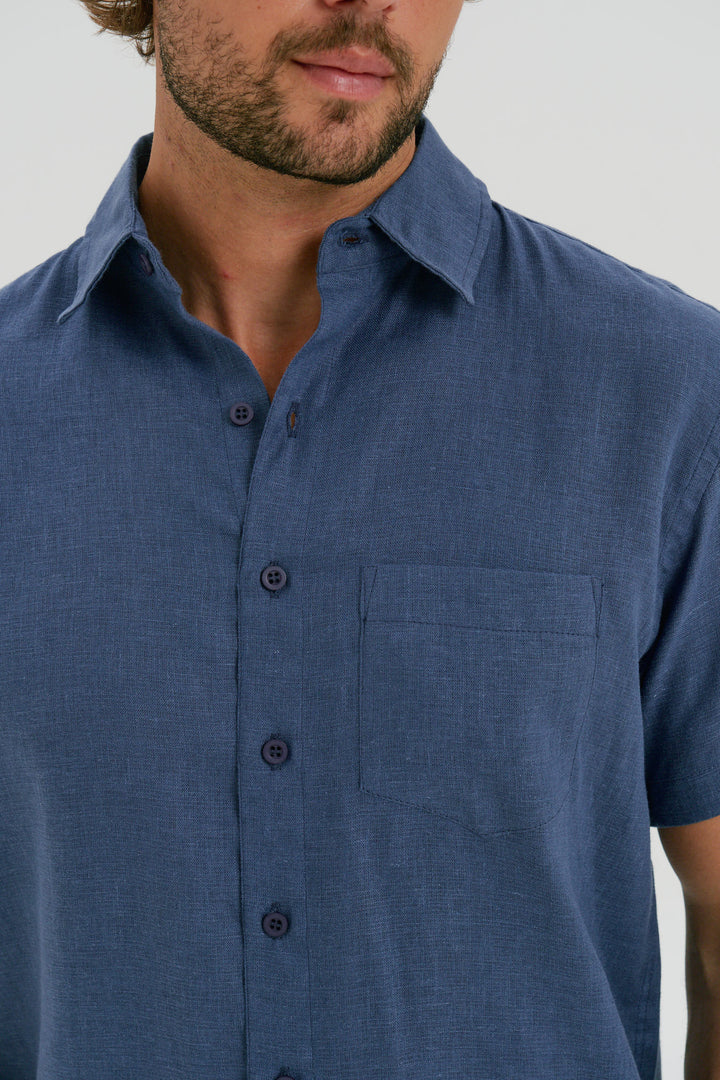 Camisa Puro Linho Manga Curta - Azul Milano