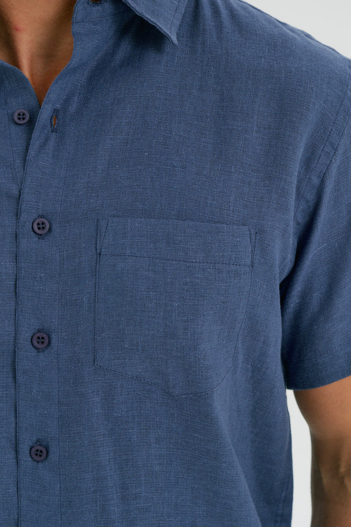 Camisa Puro Linho Manga Curta - Azul Milano