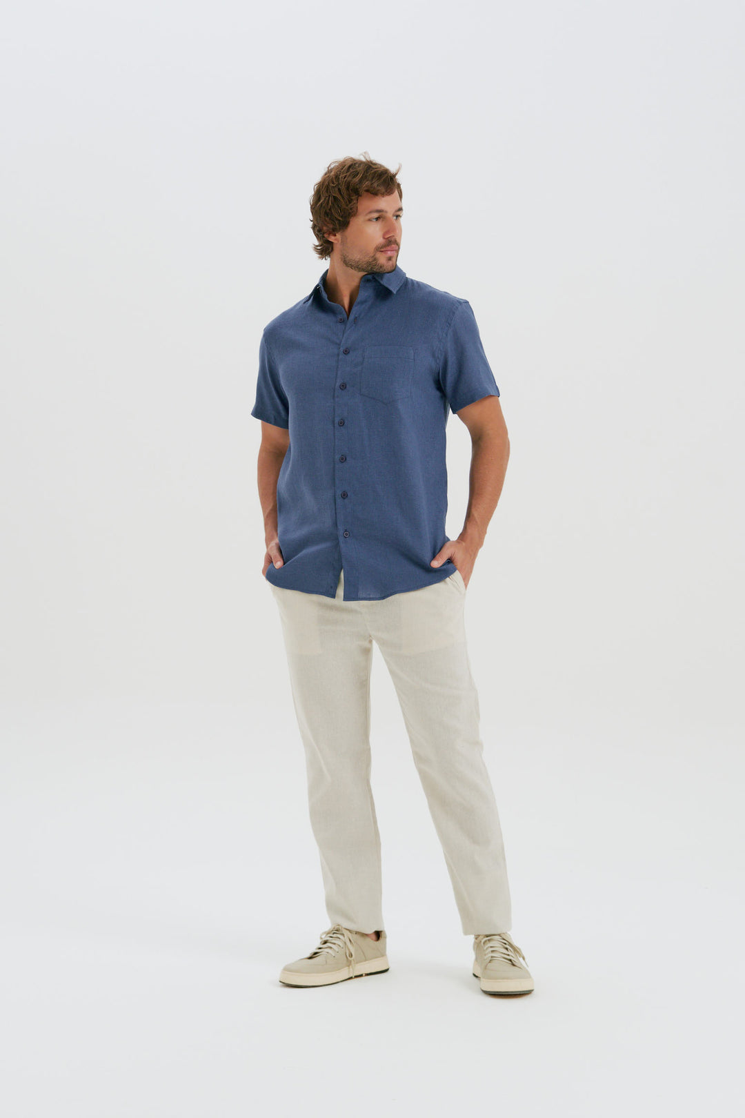 Camisa Puro Linho Manga Curta - Azul Milano