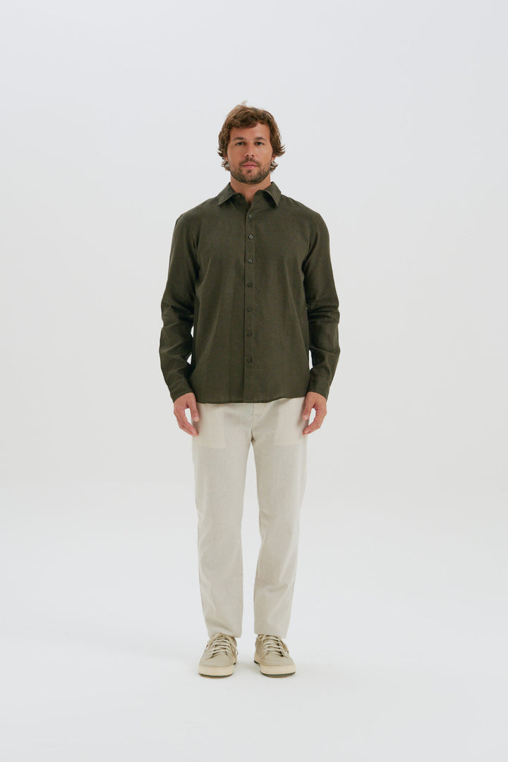 Camisa Puro Linho Manga Longa - Verde Profundo