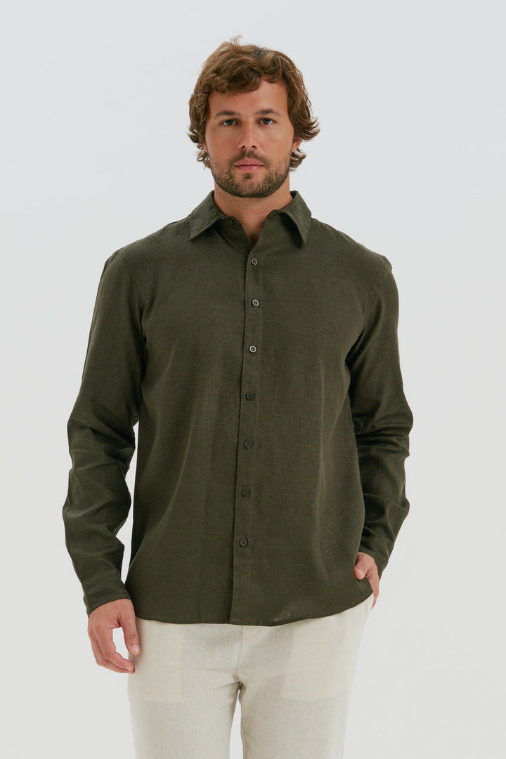 Camisa Puro Linho Manga Longa - Verde Profundo