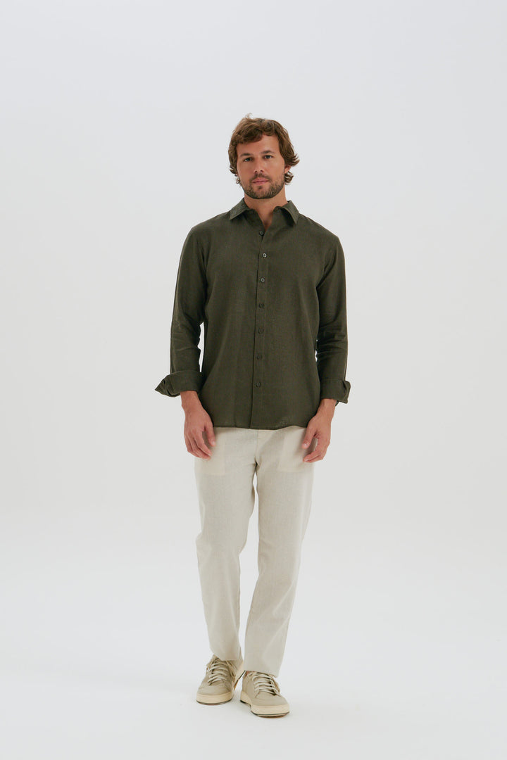 Camisa Puro Linho Manga Longa - Verde Profundo