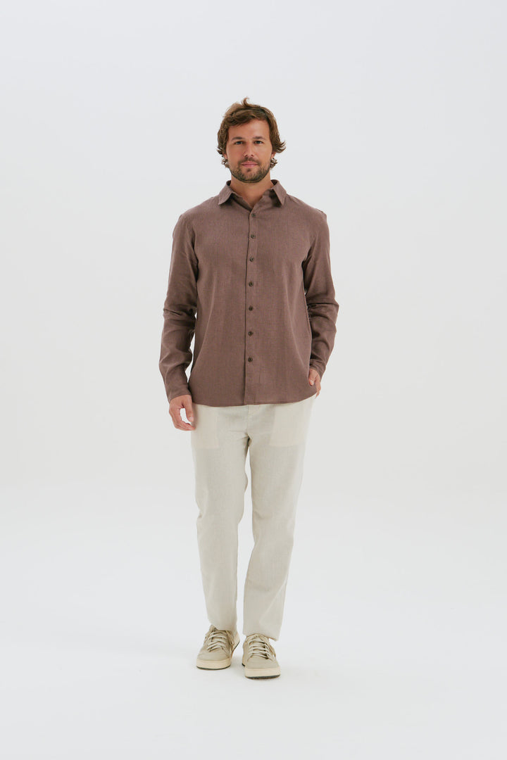 Camisa Puro Linho Manga Longa - Marrom