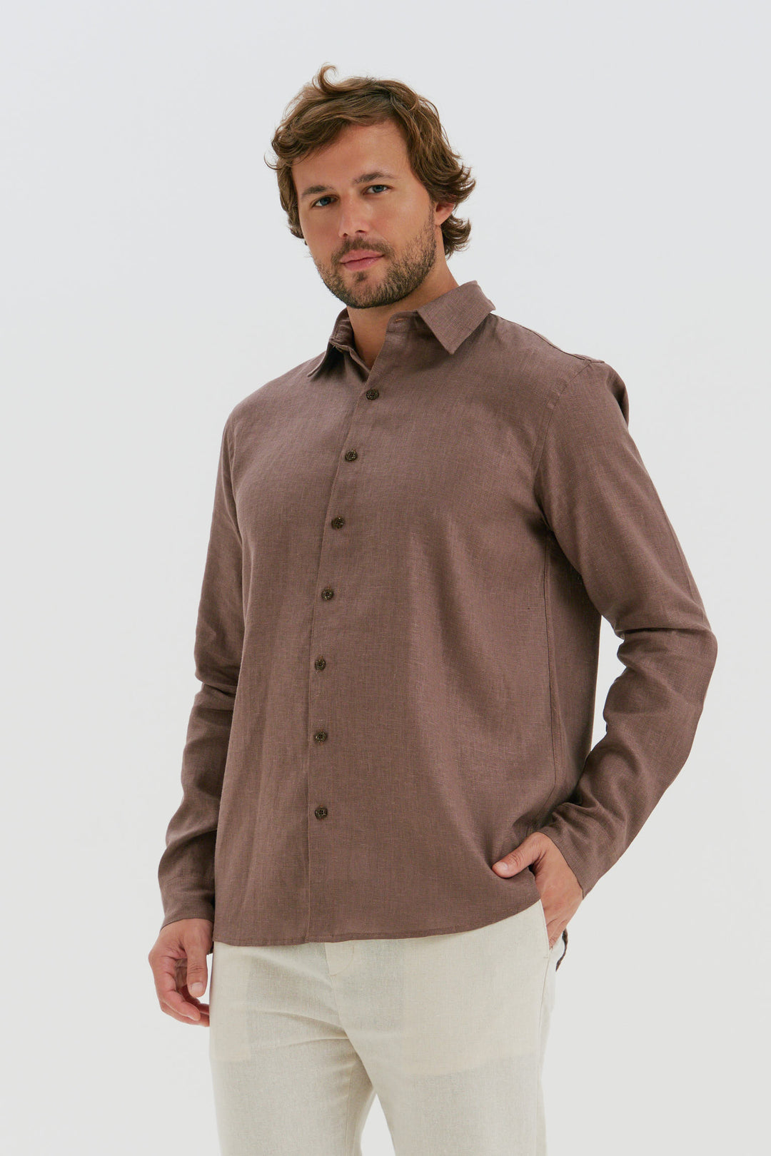 Camisa Puro Linho Manga Longa - Marrom