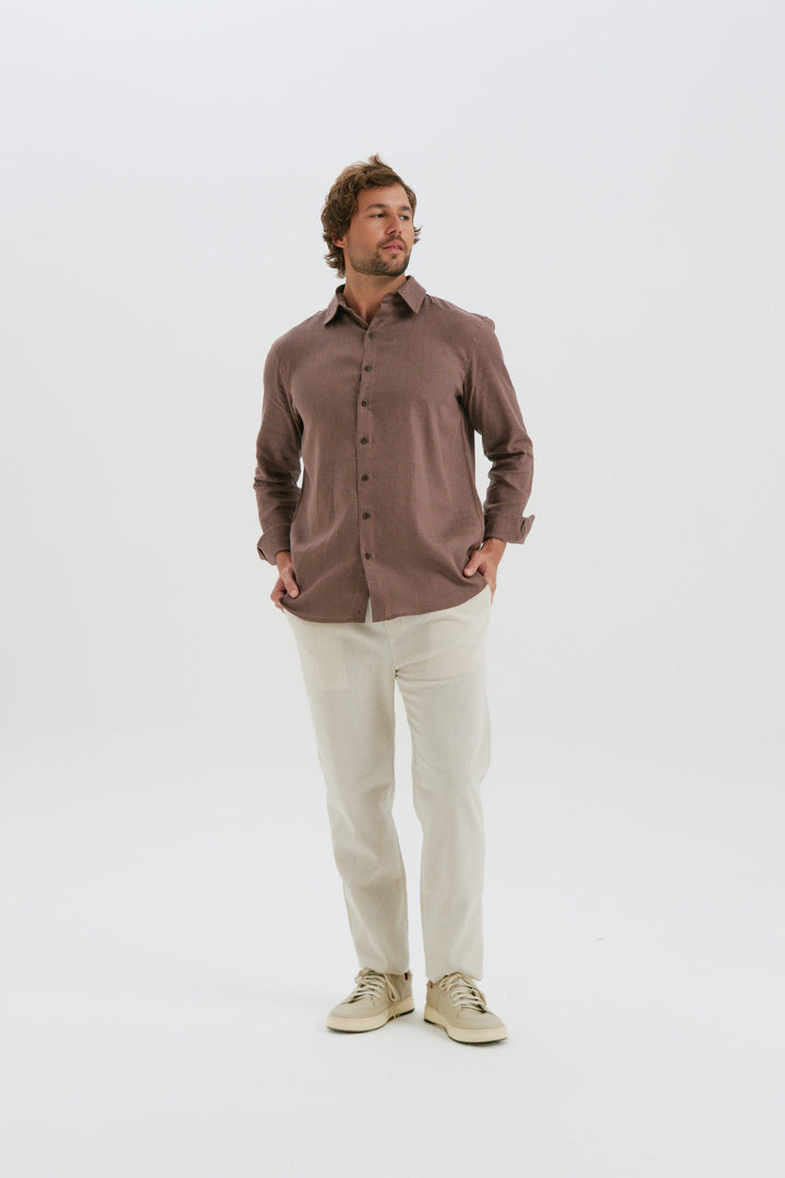 Camisa Puro Linho Manga Longa - Marrom