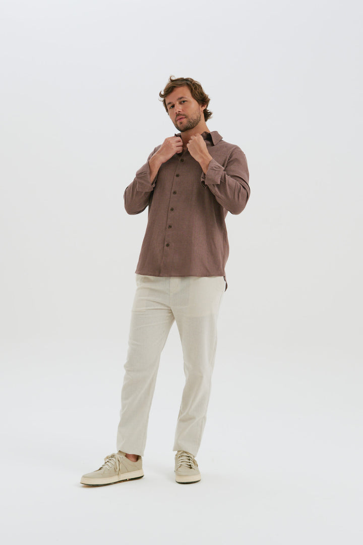 Camisa Puro Linho Manga Longa - Marrom