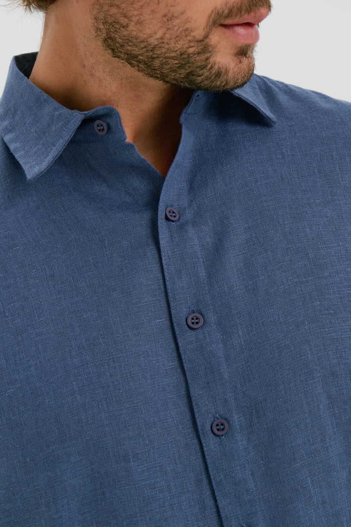 Camisa Puro Linho Manga Longa - Azul Milano