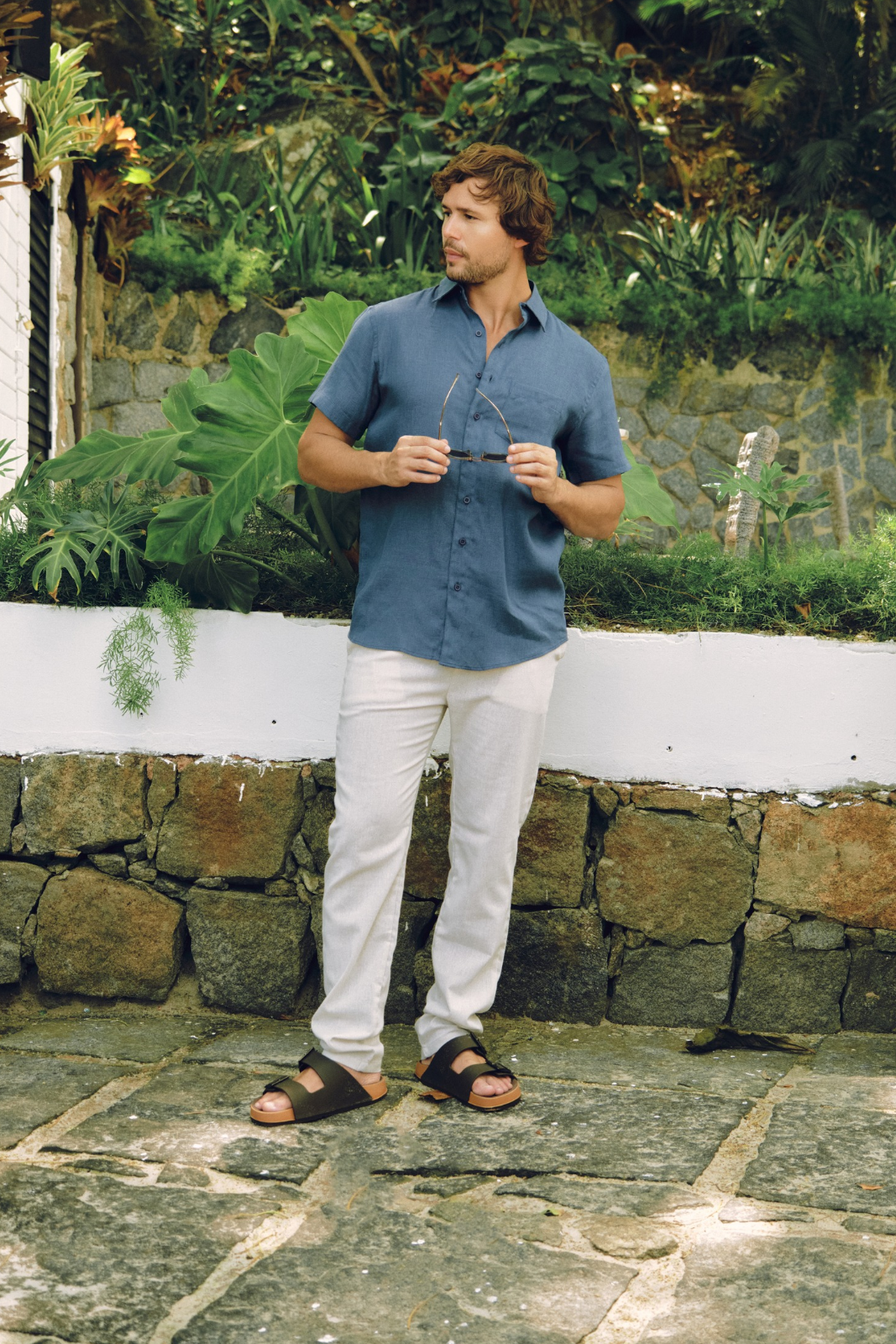 Camisa Puro Linho Manga Curta - Azul Milano