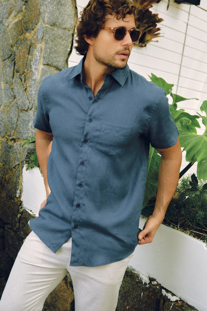 Camisa Puro Linho Manga Curta - Azul Milano